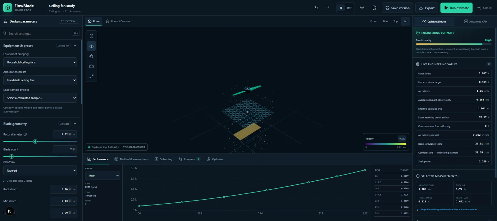 FlowBlade Simulator interface: a visual workspace for engineering estimates