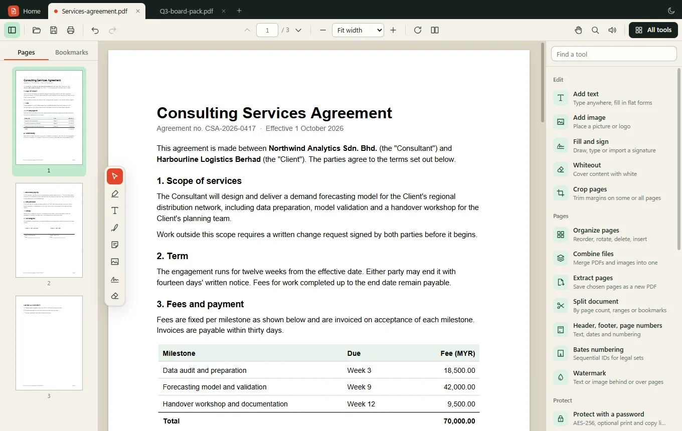 YaPDF interface: pdf reading, editing and document tools