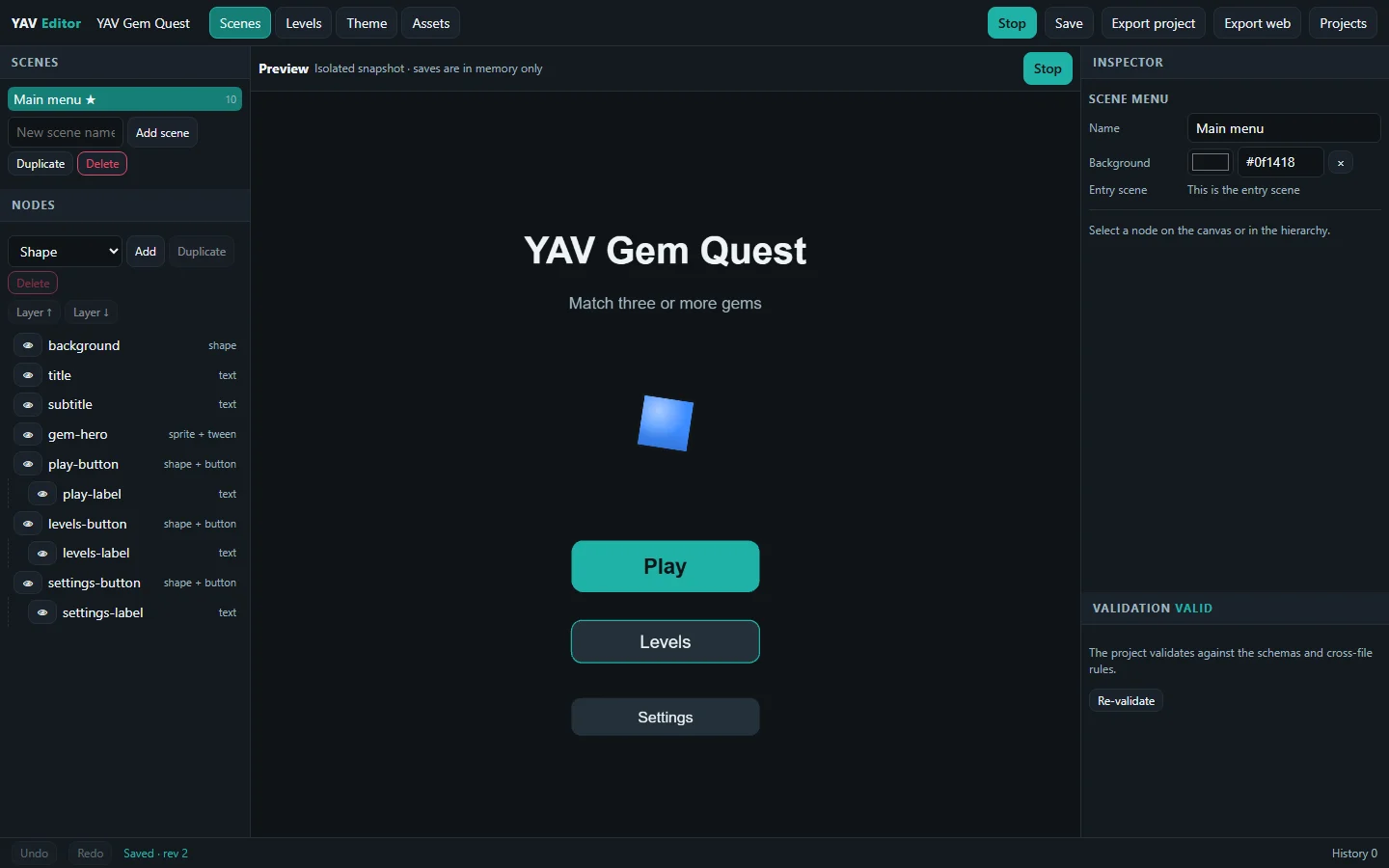 YAV Game Engine interface: visual editing for interactive experiences