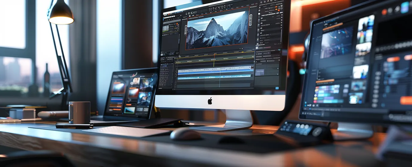 A workspace with multiple monitors displaying video editing software.